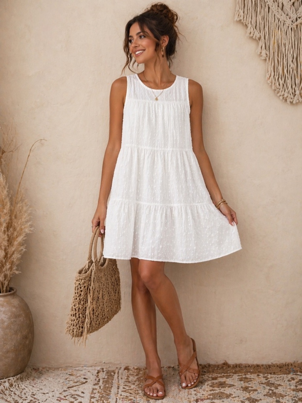 🌺 Gilli White Swiss Dot Tiered Dress